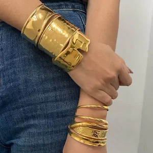 Custom 18k Gold Plated Stainless Steel Statement Cuff Bracelet Waterproof Tarnish Free Hypoallergenic