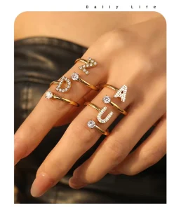 Custom 26 Letters Zircon Ring 18K Gold Plated Adjustable Open Stainless Steel Ring Non Tarnish Jewelry Anniversary Women