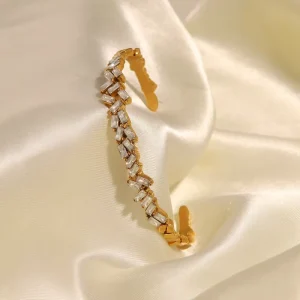 Custom 316L Stainless Steel 18K PVD Gold Plated Baguette Zirconia Bangle Luxury Full Paved Crystal Adjustable Bracelet Jewelry