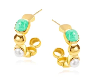 Custom 316L Stainless Steel 18K PVD Gold Plated Bean Shape C Huggie Hoop Earrings Natural Stone Vintage Jewelry for Women