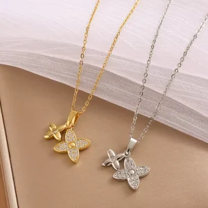 Custom 316L Stainless Steel 18K PVD Gold Plated Double Cubic Zirconia Pendant Necklace Luxury Charm Choker Jewelry for Women
