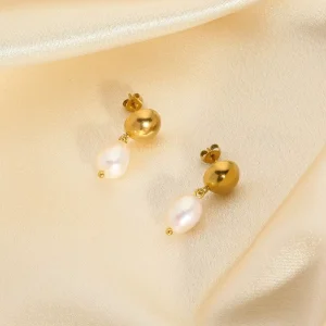 Custom 316L Stainless Steel 18K PVD Gold Plated Freshwater Pearl Dangle Drop Stud Earrings for Women Minimalist Elegant Jewelry
