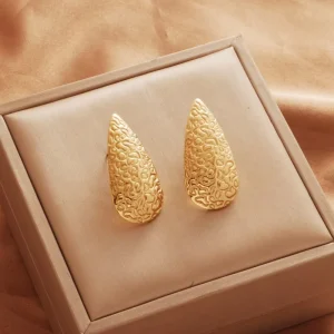 Custom 316L Stainless Steel 18K PVD Gold Plated Hammered Textured Teardrop Drop Statement Stud Earrings Vintage Luxury Jewelry