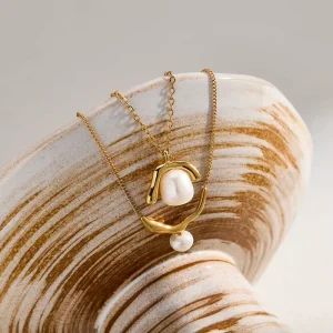 Custom 316L Stainless Steel 18K PVD Gold Plated Irregular Freshwater Pearl Pendant Necklace Multi Layer Fashion Jewelry