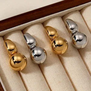 Custom 316L Stainless Steel 18K PVD Gold Plated Round Ball Curved C Shape Hook Dangle Drop Stud Earrings for Women Jewelry