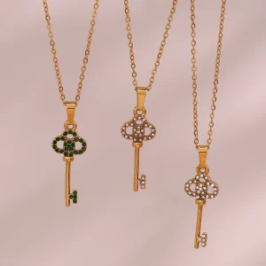Custom 316L Stainless Steel Jewelry 18K PVD Gold Bangles Vintage Skeleton Flower Key Pendant Necklace
