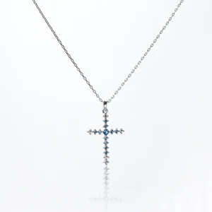 Custom 925 Silver Blue Cubic Zirconia Cross Pendant Link Chain Necklace for Wedding Anniversary Gift