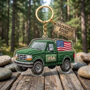 Custom Acrylic Plastic Keychain Green Truck with USA Flag Backroads Bound Keyring Chenille Fur Bag Charm Promotional Gift