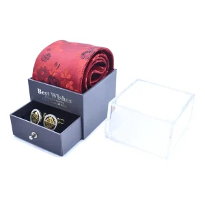 Custom Acrylic Tie Cufflink Jewelry Packaging Display Box with Transparent Lid Plastic Mens Jewelry Gift Set Wedding