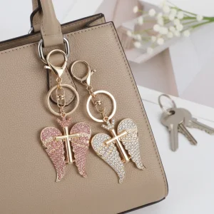 Custom Angel Wings Compass Keychain Diamond Charm Metal Crafts Religious Fashion Gift