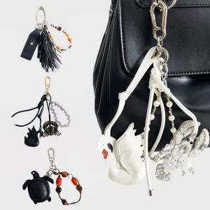 Custom Animal Leather Keychain Charm With Beads Chains Tortoise Swan Crab Pendant Bag Hanging Decoration