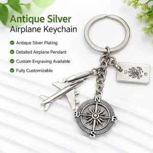 Custom Antique Silver Airplane Keychain with Compass Charm Passport Tag Die Cast Metal Travel Souvenir Gift for Men Women Friend
