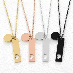 Custom Bar Pendant Necklace with Heart Cutout Stainless Steel Multi Color for Daily Wear & Gifts