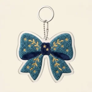 Custom Blue Bow Plastic Keychain Gold Embroidery Keyring Chenille Fur Acrylic Bag Charm Personalized Cute Kawaii