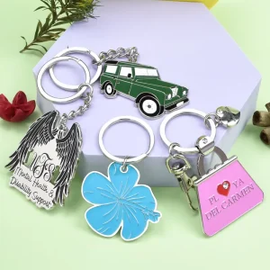 Custom Blue Hibiscus Flower Pink Bag Car Wing Shape Soft Hard Enamel Metal Keychain For Promotional Gift
