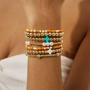 Custom Bohemian Elastic Women Simulated Pearl CCB Beads Cross Charm Gold Plated Fashion Beaded Stack Bracelets Set Party