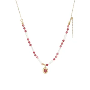 Custom Boho Adjustable Pink Beaded Necklace with Gold Plated Oval Gemstone Pendant Minimalist Women Fashion Jewelry Gift