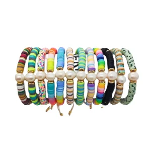 Custom Boho Style Pearl Charm Bracelet Pearl Freshwater Summer Handmade Rainbow Color Soft Clay Bracelet