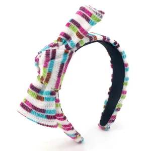 Custom Brand Gingham Rainbow Pearl Side Bow Knit Weave Fashion Crystal Headband Hair Tie for Women