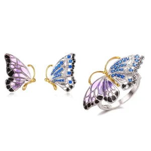 Custom Butterfly Jewelry 925 Sterling Silver White Zircon Colorful Spinel Earring Ring Set