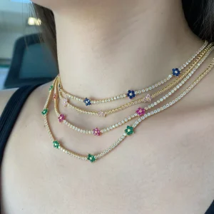 Custom Classic Sterling Silver Flower Choker Necklace with Colorful 5A Cubic Zirconia