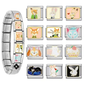 Custom Colorful Couple Cute Fox Rabbit Cat Italian Charm Link Fit 9mm Stainless Steel Bracelet DIY Jewelry Women Man