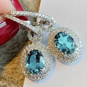 Custom Dainty Oval Shaped Sea Blue Shiny Zircon Crystal Hanging Earrings for Women Wedding Fashion Party CZ Drop Earrings