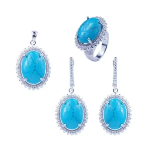 Custom Design 925 Silver Turquoise Stone Necklace Earrings Jewelry Set