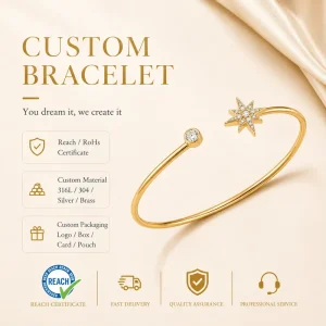 Custom Double Eight-Pointed Star Bangle 18K Gold Plated Stainless Steel Open Cuff Pave CZ Jewelry for Women Gift