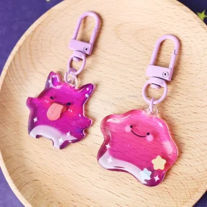 Custom Double Sided UV Printed Epoxy Acrylic Phone Keychain Glitter Powder Plastic Anime Style Phone Charm Cartoon Metal Pendant