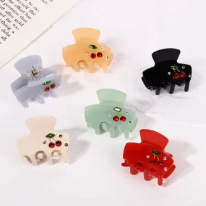 Custom Elegant 3.5cm Claw Hair Clips Cherry Rhinestone Square Solid Color Shark Design Daily and Party Use
