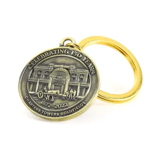 Custom Embossed Logo Gold Tower Central 150 Year Bronze Commemorative Metal Coin Shape Keychain