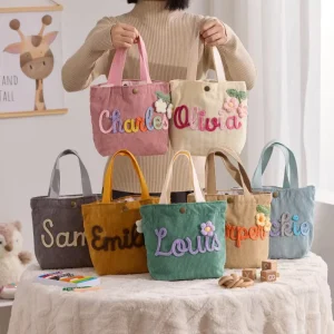 Custom Embroidered Chenille Name Corduroy Tote Handbag Soft 3D Lettering Mini Snap Closure Bag with Floral Charm