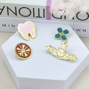 Custom Enamel Lapel Pins Cute Pink Tooth Badge Red Round Fire Wheel Brooch Vintage Anchor Ship Metal Pin for Clothes Hat Gift
