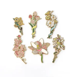 Custom Enamel Pin Soft Enamel Lapel Pin Gold Plated Flower Brooch Metal Pin Badge Botanical Art Promotional Gift