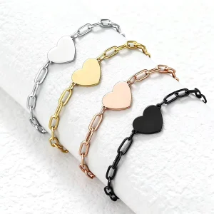 Custom Engravable Heart Stainless Steel Bracelet Blank Charm Link Chain for Women Gift