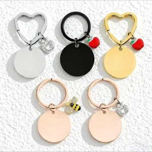 Custom Engravable Round Keychain with Cute Enamel Charm Stainless Steel Multi-Color for Women & Girls