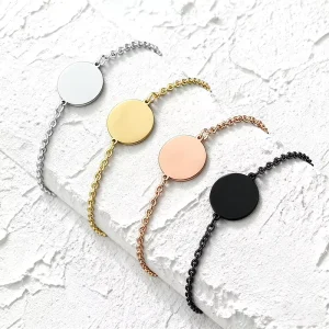 Custom Engravable Round Stainless Steel Bracelet Dainty Cable Chain Charm for Women Daily Wear & Gift