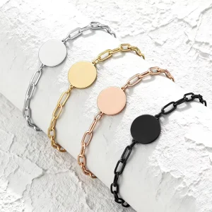 Custom Engravable Round Stainless Steel Bracelet Paperclip Link Chain Charm for Women Daily Wear & Gift