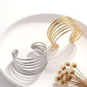 Custom Exaggerated Stainless Steel Cuff Bracelets 18K Gold Plated Widen Multilayer Line Geometric Bangles Fashion Accessories
