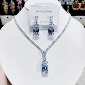 Custom Fashion Alloy Silver Larger Drop Gemstone Crystal Bridal Women Necklace Earrings Set for Gift