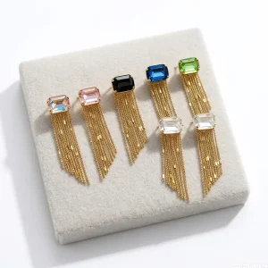 Custom Fashion Chain Tassels Earrings With Colorful 13*18 Large Crystal Stainless Steel 14K Gold Plated for Women’s Jewelry