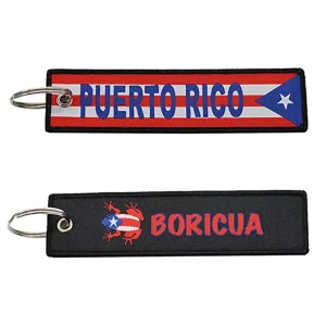 Custom Fashion Fabric Woven Logo Keychain Jet Tag Puerto Rico Flag And Coqui Keychain For Motorcycle Cars Scooters