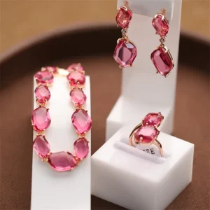 Custom Fashion Glass Crystal Dangling Earrings Colorful Rhinestone Bracelet Ring for Women Jewelry Set