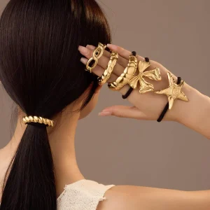 Custom Fashion Gold Stainless Steel Bow Hair Accessory Star Hammered Texture Hair Tie Hair Bands for Girls Elastic Ropes Women