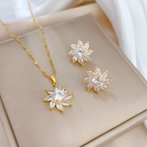 Custom Fashion Luxury Statement Stainless Steel Crystal Zircon Fashion Set Necklace and Earrings Set