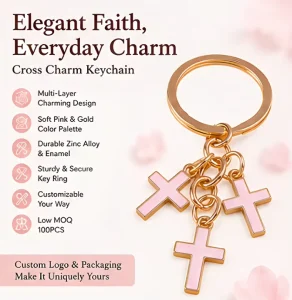 Custom Fashion Pink Enamel Cross Keychain with Gold Plated Triple Charm Religious Gift for Women Christian Jewelry