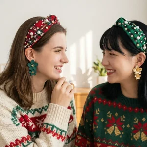 Custom Fashion Plaid Knot Headband for Women Girls Pearl Rhinestone Wide Hairband Christmas Holiday Party Accessories Headwear