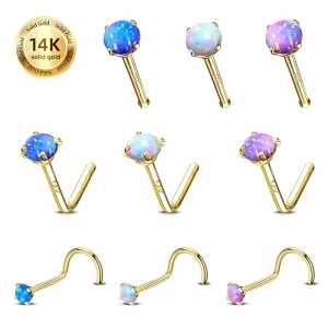 Custom Fashion Prong Setting Opal Nostril Screw Bent Rod 14K Gold Body Piercing Jewelry Nose Stud