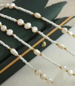 Custom Fine Fashion Jewelry 18k Gold Plated Stainless Steel Bead and Irregular Baroque Pearl Beaded Necklace Women